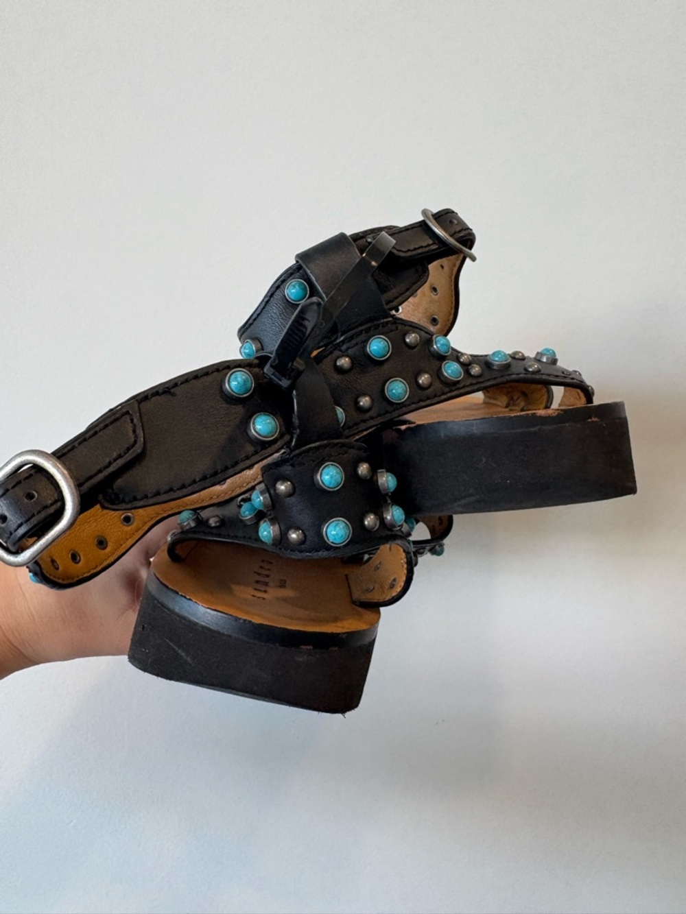 Sandro brown Leather Studded Ankle-Strap Sandals with Turquoise Accents eu 37 - Picture 4 of 6